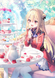  ahoge blonde_hair blue_bow blue_bowtie blush bow bowtie breasts cake cone_hair_bun cowboy_shot cup female flower food hair_between_eyes hair_bun hand_on_own_face hikikomari_kyuuketsuki_no_monmon jacket long_hair long_sleeves oerba_yun_fang open_mouth petals pink_flower pleated_skirt red_eyes red_flower red_jacket riichu sample_watermark sitting skirt small_breasts smile solo table teacup teapot terakomari_gandezblood thighhighs thighs tree very_long_hair watermark white_thighhighs 