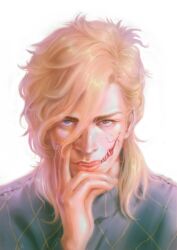  1boy absurdres argyle_clothes argyle_sweater blonde_hair blue_eyes blue_sweater cracked_skin diego_brando english_commentary fangs hand_on_own_face hearoto heterochromia highres jojo_no_kimyou_na_bouken looking_at_viewer male_focus no_headwear pink_lips reverse_suspended_congress scary_monsters_(stand) sharp_teeth solo steel_ball_run sweater teeth traditional_media transformation turtleneck turtleneck_sweater white_background yellow_eyes 