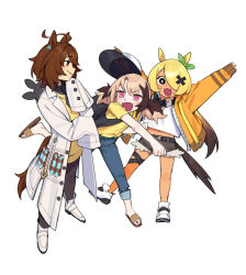  3girls :3 :d agnes_tachyon_(umamusume) animal_ears baseball_cap black_eyes black_pants blonde_hair blue_pants brown_eyes brown_hair commentary crossover cutoffs dasdokter earrings english_commentary fangs flip-flops gigi_murin grem_(gigi_murin) hair_ornament hair_over_one_eye hat highres hololive hololive_english horse_ears horse_girl horse_tail jacket jewelry lab_coat long_sleeves looking_at_another multicolored_hair multiple_girls open_mouth orange_jacket orange_thighhighs pants pants_rolled_up personification pink_eyes ringed_eyes sandals shoes short_hair short_shorts short_twintails shorts simple_background single_bare_leg single_earring single_thighhigh sleeves_past_wrists smile sweater tail test_tube thighhighs twintails two-tone_hair umamusume virtual_youtuber white_background white_shoes x_hair_ornament yellow_sweater 