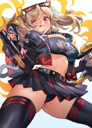  ;p black_gloves black_jacket black_panties black_skirt black_thighhighs black_tube_top blonde_hair breasts burnice_white cleavage commentary english_commentary eyewear_on_head female fingerless_gloves fire flamethrower gloves highres holding holding_flamethrower holding_weapon jacket large_breasts looking_at_viewer midriff navel one_eye_closed panties poch4n red_eyes short_hair skirt solo standing strapless sunglasses thighhighs thighs tongue tongue_out tube_top twintails underwear weapon zenless_zone_zero 