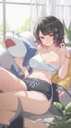  absurdres bare_legs bare_shoulders barefoot black_hair black_shorts breasts camisole candy cleavage colored_inner_hair commentary crop_top dolphin_shorts drawstring ellen_joe female fins fish_tail food hair_ornament hairclip hand_up highres holding holding_candy holding_food holding_lollipop hugging_doll hugging_object indoors jewelry large_breasts lollipop looking_at_viewer midori_fufu midriff mole mole_under_eye multicolored_hair navel necklace parted_lips pink_hair red_eyes shark_tail shirt short_hair short_shorts shorts sleeveless sleeveless_shirt solo stomach strap_slip stuffed_animal stuffed_shark stuffed_toy tail thighs white_shirt x_hair_ornament zenless_zone_zero 