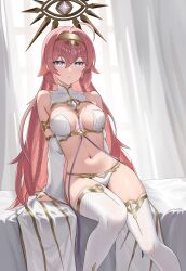  absurdres ahoge armlet bare_shoulders between_breasts bikini blue_eyes braid breasts circlet cleavage clip_studio_paint_(medium) commentary covered_collarbone detached_sleeves epic_seven female gold_trim hair_between_eyes hair_flaps halo highres indoors ir_who jewelry long_hair looking_at_viewer medium_breasts navel on_bed parted_lips pink_hair revealing_clothes shadow sidelocks sitting sleeveless solo stomach strap_between_breasts swimsuit tenebria_(epic_seven) thighhighs very_long_hair white_bikini white_sleeves white_thighhighs wide_sleeves witch_of_the_mere_tenebria_(epic_seven) 