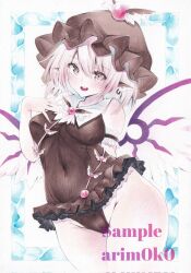  animal_ear_piercing animal_ears arim0k0 arm_behind_back artist_name bird_ears bird_wings blush breasts brown_eyes brown_hat brown_one-piece_swimsuit commentary covered_navel cowboy_shot earrings female groin hat highres jewelry looking_at_viewer marker_(medium) mob_cap mystia_lorelei one-piece_swimsuit open_mouth sample_watermark single_earring solo swimsuit touhou traditional_media watermark white_wings winged_hat wings 