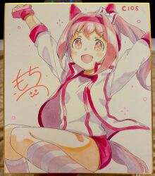  :d animal_ears arms_up bandaid bandaid_on_leg blush bow buruma commentary_request ear_bow feet_out_of_frame female fingerless_gloves flower-shaped_pupils gloves gym_shirt gym_uniform hairband haru_urara_(umamusume) highres horse_ears horse_girl horse_tail jacket knees_together_feet_apart looking_at_viewer moko39_takasora open_clothes open_jacket photo_(medium) pink_hair ponytail red_buruma red_gloves red_hairband shirt signature smile socks solo striped_clothes striped_socks symbol-shaped_pupils tail traditional_media umamusume white_bow white_jacket white_shirt 