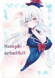 arim0k0 artist_name blue_hat blue_one-piece_swimsuit blush breasts cleavage closed_mouth commentary covered_navel covered_nipples female grey_hair groin hat highres kamishirasawa_keine large_breasts long_hair looking_at_viewer marker one-piece_swimsuit red_eyes sample_watermark skindentation smile solo swimsuit touhou traditional_media watermark 