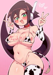  absurdres aile_(mega_man_zx) animal_print bikini breasts brown_hair buzzlyears cameltoe collar collarbone cow_print cow_print_bikini cowboy_shot double_v english_text female green_eyes heart heart-shaped_pupils highres large_breasts long_hair mega_man_(series) mega_man_zx mega_man_zx_advent pink_background ponytail print_bikini red_collar simple_background solo swimsuit symbol-shaped_pupils v 
