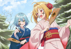  2girls ahoge anime_coloring blonde_hair blue_hair blue_kimono blush braid breasts cloud cone_hair_bun crying drawing_on_another&#039;s_face facepaint flower green_eyes hagoita hair_between_eyes hair_bun hair_ornament hanetsuki hikikomari_kyuuketsuki_no_monmon japanese_clothes kimono long_sleeves looking_back multiple_girls new_year obi open_mouth outdoors paddle paintbrush pink_kimono red_eyes sash shitaya_tomoyuki sky smile tearing_up tears terakomari_gandezblood tree upper_body villhaze 