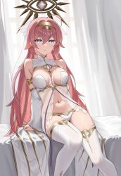  absurdres ahoge armlet bare_shoulders between_breasts bikini blue_eyes braid breasts circlet cleavage clip_studio_paint_(medium) commentary covered_collarbone detached_sleeves dress epic_seven female gold_trim hair_between_eyes hair_flaps halo highres indoors ir_who jewelry long_hair looking_at_viewer medium_breasts navel on_bed parted_lips pink_hair revealing_clothes see-through_clothes see-through_dress shadow sidelocks sitting sleeveless sleeveless_dress solo stomach strap_between_breasts swimsuit tenebria_(epic_seven) thighhighs veil very_long_hair white_bikini white_dress white_sleeves white_thighhighs wide_sleeves witch_of_the_mere_tenebria_(epic_seven) 