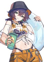  &gt;:) absurdres bare_shoulders belle_(summer_skies)_(zenless_zone_zero) belle_(zenless_zone_zero) black_hat blue_hair crop_top cup female green_eyes hat highres holding holding_cup innertube looking_at_viewer lucariiio midriff navel off-shoulder_shirt off_shoulder shirt short_hair short_sleeves simple_background solo stomach swim_ring tied_shirt v-shaped_eyebrows white_background white_shirt zenless_zone_zero 