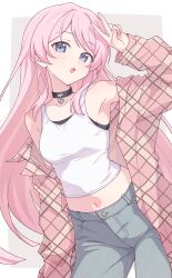  arm_up armpits bang_dream! bang_dream!_it&#039;s_mygo!!!!! black_choker blue_pants blush breasts chihaya_anon choker commentary e20 female grey_eyes heart heart_choker highres jacket long_hair looking_at_viewer medium_breasts midriff navel open_clothes open_jacket open_mouth pants pink_hair pink_jacket solo tank_top v white_tank_top 