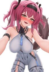 absurdres armlet bare_shoulders black_bow blush bodysuit bow breasts collar commentary commonalty drunk earrings female hair_ornament hairband hairbow headgear highres jewelry large_breasts long_hair looking_at_viewer lupa_(wuthering_waves) metal_collar metal_hairband multiple_hair_bows open_mouth pink_hair red_pupils simple_background smile solo squeans tail twintails white_background white_bodysuit wolf_tail wuthering_waves yellow_eyes 