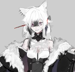  :d ahoge animal_ear_piercing animal_ears bags_under_eyes black_corset blunt_bangs breasts collar colored_tips corset crazy_eyes criss-cross_halter crossed_bangs female fox_ears frilled_collar frills fur_collar halterneck head_tilt impaled indie_virtual_youtuber jacket jacket_partially_removed jellyfish_cut long_hair looking_at_viewer mari_the_hybrid multicolored_hair nail_(hardware) outstretched_arms pink_eyes red_pupils sidelocks smile solo stitches upper_body white_hair yoimon 
