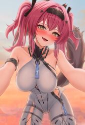  absurdres armlet bare_shoulders black_bow blush bodysuit bow breasts collar commentary commonalty drunk earrings female hair_ornament hairband hairbow headgear highres jewelry large_breasts long_hair looking_at_viewer lupa_(wuthering_waves) metal_collar metal_hairband multiple_hair_bows open_mouth outdoors pink_hair red_pupils smile solo squeans tail twintails white_bodysuit wolf_tail wuthering_waves yellow_eyes 