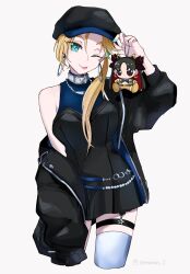  bare_shoulders black_dress black_hat black_jacket blonde_hair breasts calamity_jane_(fate) calamity_jane_(fgo_fes._2025)_(fate) collar dress earrings fate/grand_order fate_(series) female forehead green_eyes hat highres hoop_earrings ishtar_(fate) jacket jewelry large_breasts long_hair long_sleeves looking_at_viewer necklace off_shoulder one_eye_closed parted_bangs side_ponytail smile solo space_ishtar_(fate) space_ishtar_(second_ascension)_(fate) stuffed_toy thighhighs thighs tongue tongue_out white_thighhighs yamamon_0 