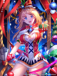  bell blue_eyes breasts brown_hair capelet christmas commentary copyright_name dress english_commentary eternal_wars female fur_trim gift gloves hair_ribbon highres jingle_bell long_hair medium_breasts official_art photoshop_(medium) red_gloves ribbon sack short_dress solo sysen watermark web_address 