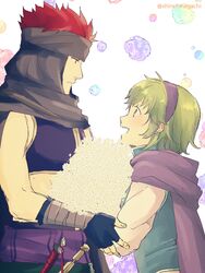  1boy absurdres bandages blue_eyes blush cape commentary_request couple female fingerless_gloves fire_emblem fire_emblem:_the_blazing_blade flowes gloves green_hair hairband highres jaffar_(fire_emblem) nino_(fire_emblem) nishimura_(shinchinagachi) open_mouth protected_link purple_hairband red_eyes red_hair short_hair smile straight 