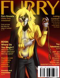  absurd_res anthro black_body black_fur black_tie_(suit) blonde_hair canid canine claws clothed clothing collar cover english_text fire folly854 fox front_view fur glowing grey_body grey_fur hair hi_res leash licking looking_at_viewer magazine male mammal markings naughty_face offering_collar pyro_sincarta red_background simple_background solo suit text tongue tongue_out yellow_eyes 