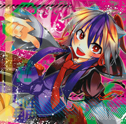  :d bright_pupils commentary_request female grey_hair grey_horns headphones horns layered_sleeves long_sleeves looking_at_viewer low_wings multicolored_hair necktie open_mouth oshino_hazure outstretched_arm pointing puffy_short_sleeves puffy_sleeves purple_hair red_eyes red_necktie red_wings short_hair_with_long_locks short_over_long_sleeves short_sleeves smile solo teeth tokiko_(touhou) touhou two-tone_hair upper_teeth_only white_pupils wings zoom_layer 