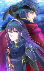  1boy blue_eyes blue_hair cape commentary_request female fire_emblem fire_emblem:_path_of_radiance fire_emblem:_radiant_dawn fire_emblem_awakening headband hino_michi ike_(fire_emblem) long_hair looking_at_viewer lucina_(fire_emblem) short_hair smile tiara 