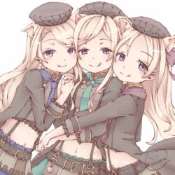  3girls :q animal_ears belt black_belt black_shirt blonde_hair blue_little_pig_(sinoalice) blue_necktie commentary_request extra_ears girl_sandwich green_little_pig_(sinoalice) green_necktie hat holding_hands karamo_(c_karamomo) long_hair looking_at_viewer midriff multiple_girls navel necktie pig_ears purple_eyes purple_necktie red_little_pig_(sinoalice) sandwiched shirt siblings sidelocks simple_background sinoalice sisters skirt smile standing suspenders tongue tongue_out white_background 