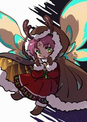  antlers bad_id bad_twitter_id bell brown_gloves cape commentary_request dragon_wings dress facial_mark fae_(fire_emblem) fae_(winter)_(fire_emblem) female fire_emblem fire_emblem:_the_binding_blade fire_emblem_heroes forehead_mark fur_trim gloves green_eyes hood hood_up horns kmkr long_sleeves open_mouth purple_hair reindeer_antlers short_hair solo wings 