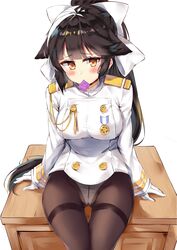  aiguillette arms_at_sides azur_lane bad_id bad_pixiv_id black_hair black_pantyhose blunt_bangs blush bow breasts condom condom_in_mouth condom_wrapper crotch_seam dombear female gloves gusset hairbow high_ponytail highres jacket long_hair long_sleeves looking_at_viewer medium_breasts military_jacket mouth_hold no_pants panties panties_under_pantyhose pantyhose raised_eyebrows shelf simple_background sitting solo takao_(azur_lane) thigh_gap thighband_pantyhose underwear very_long_hair white_background white_bow white_gloves white_jacket white_panties 