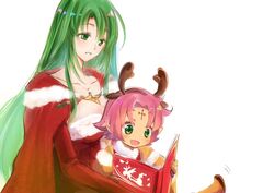  2girls antlers book breasts brown_gloves cape cecilia_(fire_emblem) cecilia_(winter)_(fire_emblem) cleavage commentary_request elbow_gloves facial_mark fae_(fire_emblem) fae_(winter)_(fire_emblem) fire_emblem fire_emblem:_the_binding_blade fire_emblem_heroes forehead_mark fur_trim gloves green_eyes green_hair happy holding holding_book horns large_breasts long_hair multiple_girls oka_(umanihiki) open_book open_mouth parted_lips pointy_ears purple_hair reading red_gloves reindeer_antlers short_hair sidelocks simple_background sitting sitting_on_lap sitting_on_person smile white_background 