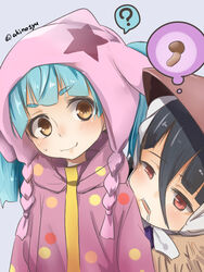  2girls ? akino_shuu blue_hair brown_eyes cheek_squash commentary_request crooked_smile dots hat hood hoshikawa_lily jacket light_blue_hair long_hair multiple_girls mushroom open_mouth red_eyes saliva sharp_teeth signature spoken_question_mark star_(symbol) star_print straw_cape teeth thought_bubble yamada_tae zombie_land_saga 