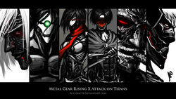  2girls 4boys accuracy0 armored_titan bangs cigar colossal_titan cyborg female_titan frank_jaeger_(cosplay) gray_fox gray_fox_(cosplay) levi_(shingeki_no_kyojin) metal_gear metal_gear_(series) metal_gear_rising:_revengeance mikasa_ackerman multiple_boys multiple_girls namesake raiden raiden_(cosplay) rogue_titan shingeki_no_kyojin short_hair smile spot_color steven_armstrong steven_armstrong_(cosplay) steven_armstrong_(metal_gear_rising)_(cosplay) sundowner_(metal_gear_rising) sundowner_(metal_gear_rising)_(cosplay) weapon 