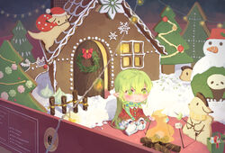  box canine chibi christmas christmas_tree christmas_wreath commentary cookie elsword eyes_visible_through_hair female fire food gift gift_box gingerbread_cookie gingerbread_house green_eyes green_scarf hair_between_eyes highres icing in_box in_container light_green_hair looking_to_the_side marshmallow photoshop_(medium) pointy_ears poncho powdered_sugar print_scarf rabbit reindeer rena_erindel rope scarf shadow shakan_(pixiv28220363) sitting snowman solo wariza white_legwear wreath wrist_cuffs 