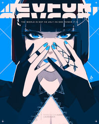  aqua_eyes aqua_lipstick bangs black_hair blue_eyes breasts cleavage cleavage_cutout english erica_june_lahaie eyebrows_visible_through_hair female gloves highres jewelry lipstick makeup mascara original partly_fingerless_gloves ring short_hair signature solo watermark web_address 