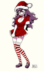  @_@ breasts chichibu_(chichichibu) christmas cleavage creatures_(company) game_freak hat hex_maniac_(pokemon) long_hair nintendo pokemon pokemon_(game) pokemon_xy purple_hair santa_costume santa_hat santa_suit striped striped_legwear thighhighs third-party_edit 