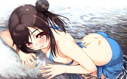  :d against_wall alternate_hairstyle ass back bent_over bikini black_hair blue_bikini blue_sarong blush breast_press breasts brown_eyes butt_crack cleavage commentary_request dimples_of_venus female fingernails from_side hair_bun hair_up highres ichijou_hotaru large_breasts long_fingernails long_hair looking_at_viewer moric non_non_biyori ocean open_mouth rock sarong side_ponytail sideboob single_hair_bun single_side_bun smile solo swept_bangs swimsuit wading water wet 