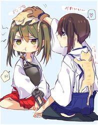  2girls :t anger_vein bad_id bad_pixiv_id black_thighhighs blue_skirt brown_gloves brown_hair feline gloves grey_hair hair_ribbon heart japanese_clothes kaga_(kancolle) kantai_collection mikan-uji multiple_girls muneate pleated_skirt ponytail pout red_skirt ribbon short_hair side_ponytail skirt spoken_heart thighhighs translated twintails white_ribbon zuikaku_(kancolle) 