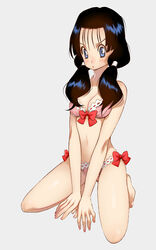  barefoot bikini black_hair blue_eyes blush breasts cleavage commentary_request dragon_ball dragon_ball_z feet female long_hair medium_breasts navel photoshop_(medium) pout sitting solo swimsuit toenails toes twintails v_arms videl yukimitsuki 