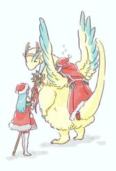  1boy antlers aqua_hair bad_id bad_twitter_id brother_and_sister cape commentary_request dragon eirika_(fire_emblem) eirika_(winter)_(fire_emblem) ephraim_(fire_emblem) ephraim_(winter)_(fire_emblem) fae_(fire_emblem) fae_(winter)_(fire_emblem) female fire_emblem fire_emblem:_the_binding_blade fire_emblem:_the_sacred_stones fire_emblem_heroes from_behind fur_trim hat holding holding_staff horns long_hair murabito_ba pom_pom_(clothes) red_hat reindeer_antlers riding santa_costume santa_hat siblings simple_background sleeping staff standing white_background wings 