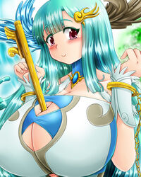  aqua_hair ars_paulina_(p&amp;d) baroque20320514fu between_breasts blush breasts cleavage cleavage_cutout huge_breasts looking_at_viewer purple_eyes puzzle_&amp;_dragons smile 