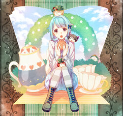  5boys :3 alice_(alice_in_wonderland) alice_(alice_in_wonderland)_(cosplay) alice_in_wonderland animal_ears arch blue_hair boots bush cat_ears cloud commentary_request cosplay cross-laced_footwear cup day ensemble_stars! floral_arch flower hasumi_keito hat heart kori_(etinop) male_focus mini_person miniboy multiple_boys pantyhose parody rabbit_ears red_flower red_rose rose rose_bush sakuma_ritsu shino_hajime sitting sky suou_tsukasa tea_party_(ensemble_stars!) teacup teapot tenshouin_eichi top_hat white_flower white_rose 