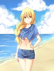  beach blonde_hair cloud cloudy_sky commentary_request commission day female long_hair md5_mismatch midriff mylovelydevil navel original outdoors short_shorts shorts sky smile solo yellow_eyes 