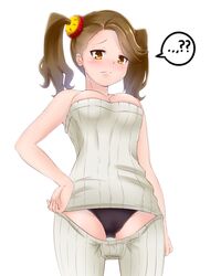  bad_id bad_pixiv_id black_panties blush breasts brown_hair female frown gundam gundam_build_fighters gundam_build_fighters_try highres medium_breasts meme_attire open-chest_sweater panties ribbed_sweater s.bomb sazaki_kaoruko solo sweater twintails underwear wardrobe_error yellow_eyes you&#039;re_doing_it_wrong 