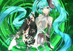  aqua_eyes aqua_hair bad_id bad_pixiv_id barefoot bridal_gauntlets colorized elbow_gloves female fingerless_gloves gloves hatsune_miku hatsune_miku_(append) levka long_hair looking_at_viewer necktie solo thighhighs twintails very_long_hair vocaloid vocaloid_append yamai_fake 