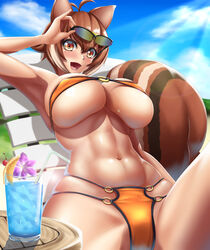  abs animal_ears antenna_hair arm_up armpits bikini blazblue blue_sky blurry blush breasts brown_eyes brown_hair chair commentary_request covered_nipples cup day depth_of_field drinking_glass eyewear_on_head female hair_between_eyes highres huge_breasts light_brown_hair looking_at_viewer lying makoto_nanaya multicolored_hair navel o-ring o-ring_bikini o-ring_top on_back open_mouth skindentation sky smile solo squirrel_ears squirrel_girl squirrel_tail sunglasses swimsuit tail tama_(tamakaka1031) two-tone_hair underboob 