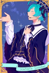  1boy aqua_hair blue_hair character_name closed_eyes commentary_request cross cross_necklace eighth_note ensemble_stars! from_side headset jewelry male_focus music musical_note necklace night night_sky shinkai_kanata singing sky solo sparkle star_(sky) starry_sky tubuan_oisii wide_sleeves 