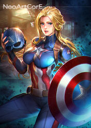  animification avengers:_age_of_ultron avengers_(series) belt blonde_hair blue_eyes captain_america commentary english_commentary female genderswap_(mtf) helmet long_hair looking_at_viewer marvel marvel_cinematic_universe neoartcore photoshop_(medium) ponytail rule_63 shield solo unworn_headwear unworn_helmet 