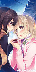  2girls black_hair blush brown_eyes cup drink from_side hood hooded_jacket jacket kazakura light_brown_hair multiple_girls nicomi.com open_mouth plaid plaid_scarf profile scarf watermark web_address 