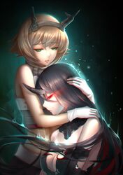  2girls abyssal_ship aqua_background bad_id bad_pixiv_id bare_shoulders battleship_water_oni black_dress black_hair breasts brown_hair chromatic_aberration cleavage commentary_request cradling_head dress gloves glowing glowing_eyes green_eyes hairband head_on_chest headgear highres horns hug kantai_collection long_hair looking_at_another looking_down mallizmora medium_breasts midriff multiple_girls mutsu_(kancolle) nagato_(kancolle) parted_lips profile red_eyes short_hair single_horn strapless strapless_dress torn_clothes torn_dress transformation very_long_hair 