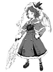  alternate_costume bat_wings capelet coat_dress commentary_request dress female final_fantasy final_fantasy_tactics greyscale hand_on_own_hip hat long_sleeves monochrome no_nose oerba_yun_fang pantyhose parody remilia_scarlet savan short_hair socks spear_the_gungnir striped_clothes striped_pantyhose style_parody touhou wings yoshida_akihiko_(style) 