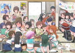  1boy 6+girls admiral_(kancolle) age_difference akagi_(kancolle) apron ayanami_(kancolle) barefoot black_hair black_socks blush_stickers breast_padding brown_eyes brown_hair cake chopsticks commentary_request fish food fubuki_(kancolle) green_hair hat hatsuharu_(kancolle) hatsuyuki_(kancolle) hiei_(kancolle) highres hiryuu_(kancolle) holding houshou_(kancolle) hyuuga_(kancolle) i-401_(kancolle) ice_cream ise_(kancolle) kaga_(kancolle) kantai_collection kiso_(kancolle) kitakami_(kancolle) kneehighs kuma_(kancolle) little_boy_admiral_(kancolle) long_hair mikuma_(kancolle) miyuki_(kancolle) mochisaka_mitsuki mogami_(kancolle) multiple_girls naka_(kancolle) one-piece_swimsuit onee-shota ooi_(kancolle) own_hands_together pleated_skirt poster_(object) purple_hair red_eyes rice ryuujou_(kancolle) school_uniform seiza serafuku shikinami_(kancolle) shirayuki_(kancolle) short_hair short_ponytail sitting skirt smile socks souryuu_(kancolle) standing swimsuit tama_(kancolle) translation_request twintails unworn_hat unworn_headwear 