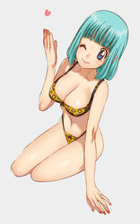  animal_print aqua_hair blue_eyes blunt_bangs bra breasts bulma_briefs cleavage commentary_request dragon_ball female heart large_breasts leopard_print nail_polish navel one_eye_closed panties photoshop_(medium) sitting solo underwear underwear_only yokozuwari yukimitsuki 