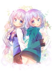  2girls blue_eyes blue_hair blush bow chestnut_mouth commentary_request cosplay costume_switch crossover eromanga_sensei gochuumon_wa_usagi_desu_ka? grey_hair hair_ornament hairbow izumi_sagiri izumi_sagiri_(cosplay) kafuu_chino kafuu_chino_(cosplay) long_hair look-alike looking_at_viewer mitsumomo_mamu multiple_girls open_mouth pink_bow rabbit_house_uniform x_hair_ornament 